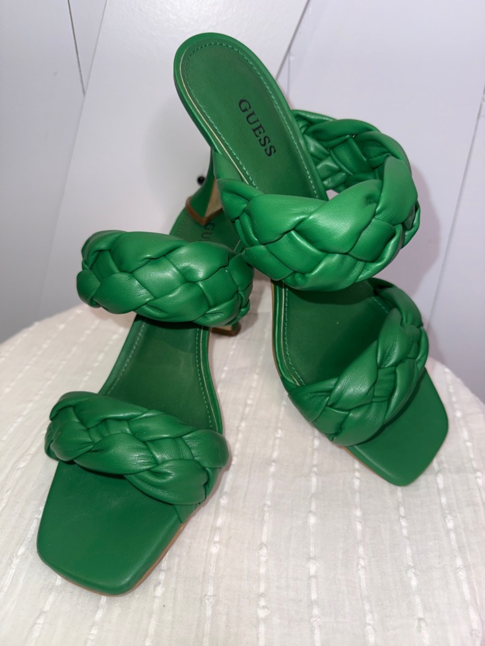 GUESS Green Braided Double-Strap Slide Heels